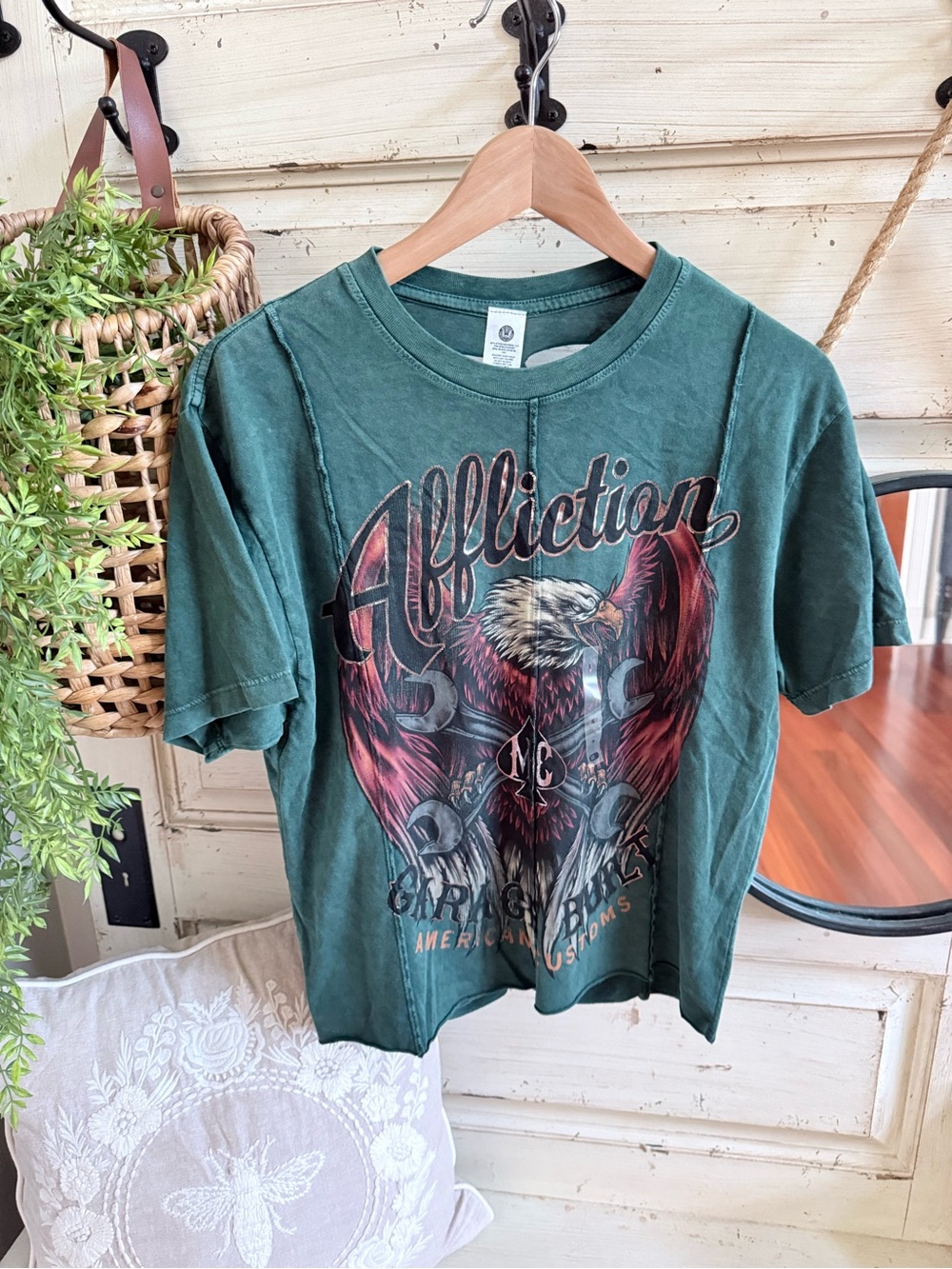 Affliction Green Graphic Tee with Eagle and Script Logo